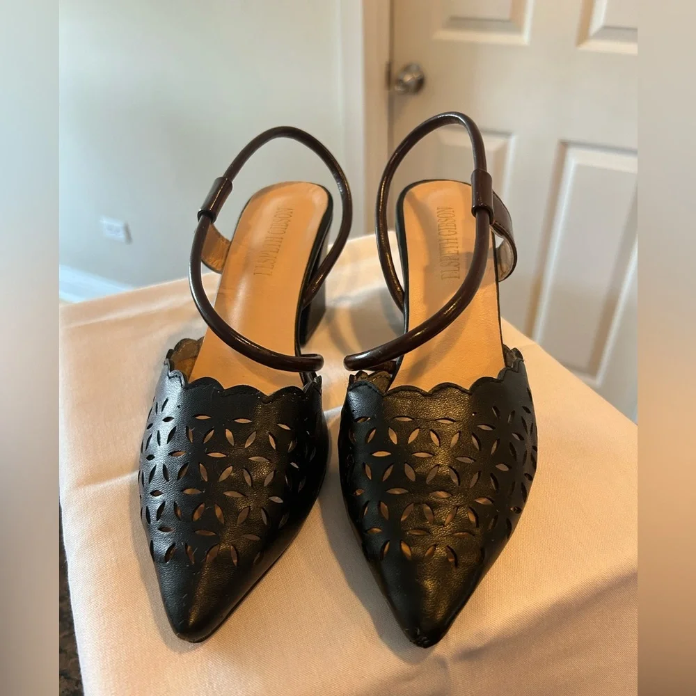 Elspeth Gibson Black Leather Cutout Slingback Heels - Picture 1 of 5